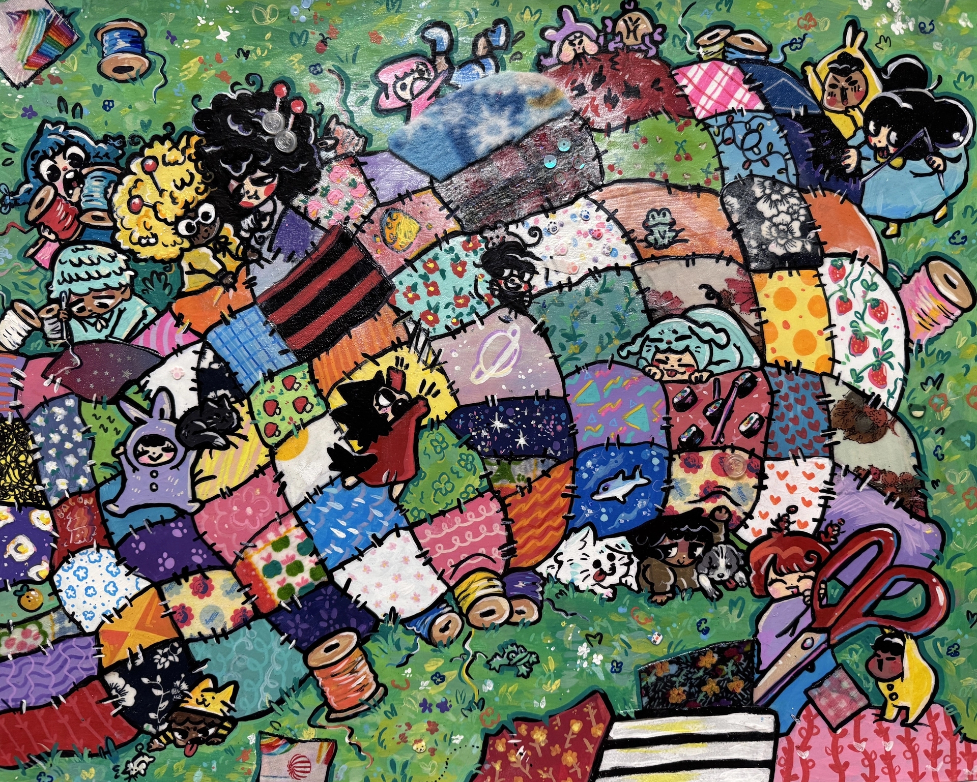 Joyful kids are collaborating on a large quilt with colorful patches. With care, they are building it piece by piece, to create something extraordinary.