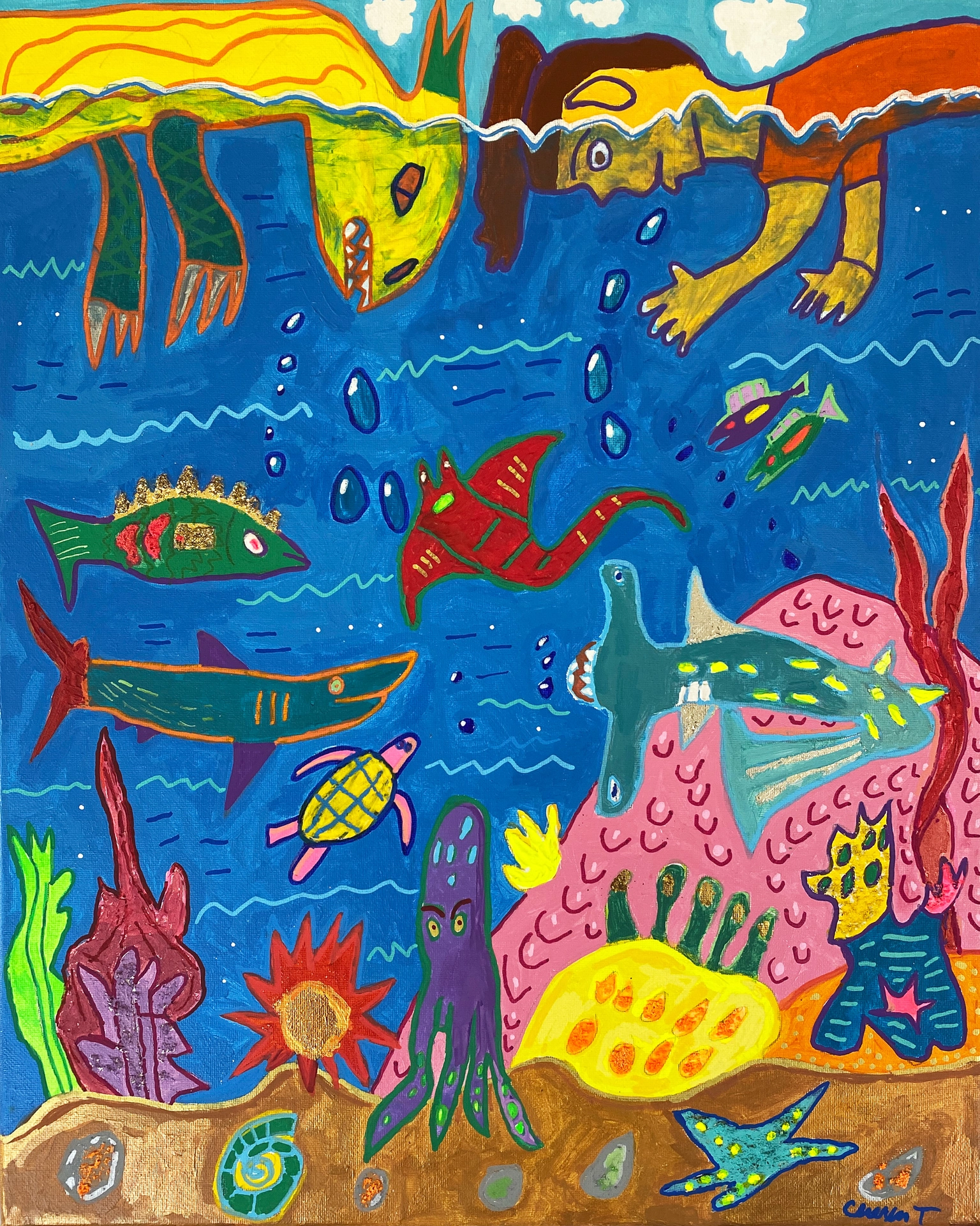 A human figure and animal creature look down through the water at fish, sharks, an octopus, a starfish, and a turtle on the sandy bottom.