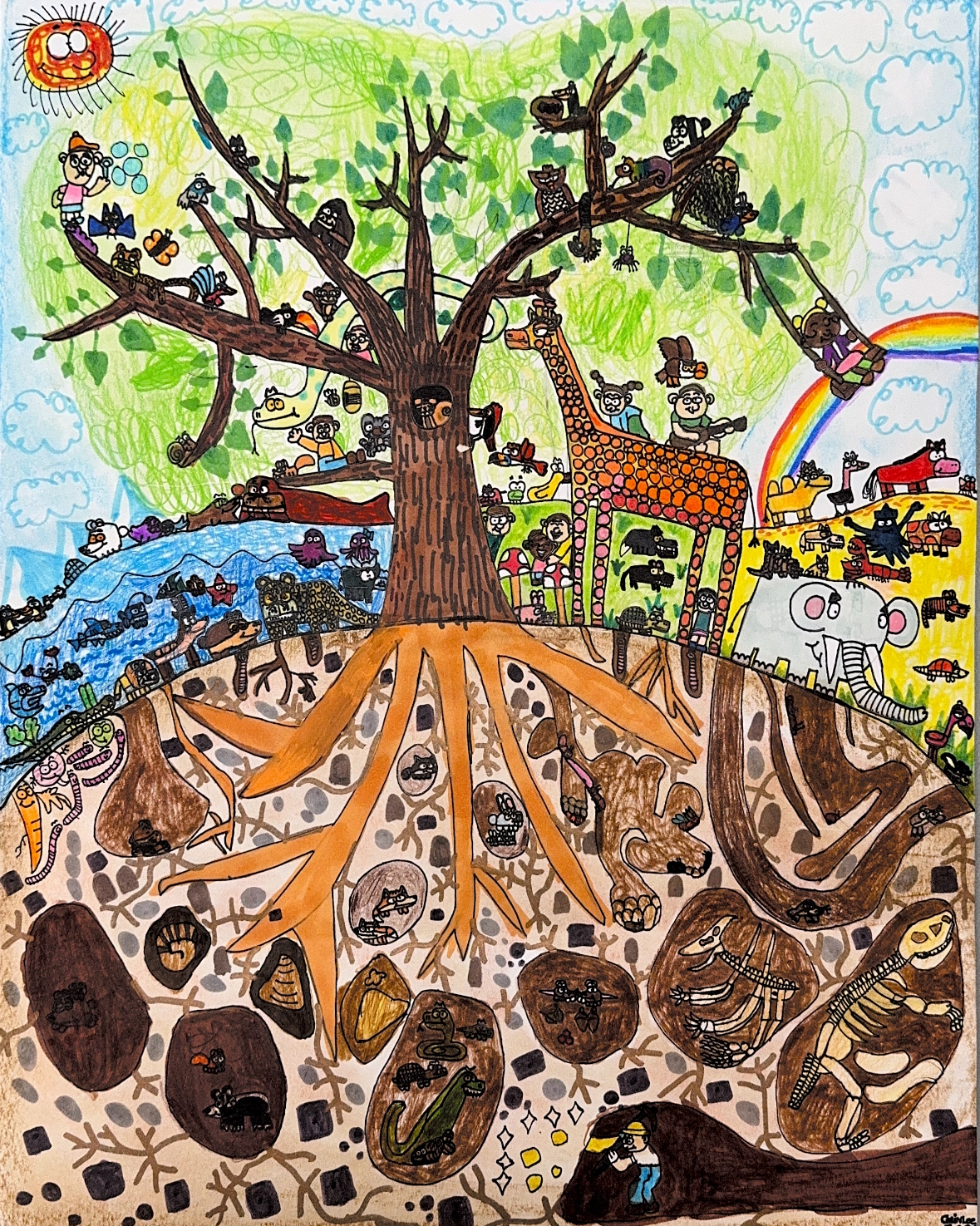 A cross-section image centered on a large tree. Above ground, people and animals live in harmony, while below, roots intertwine with animal dens, fossils, and an underwater scene.