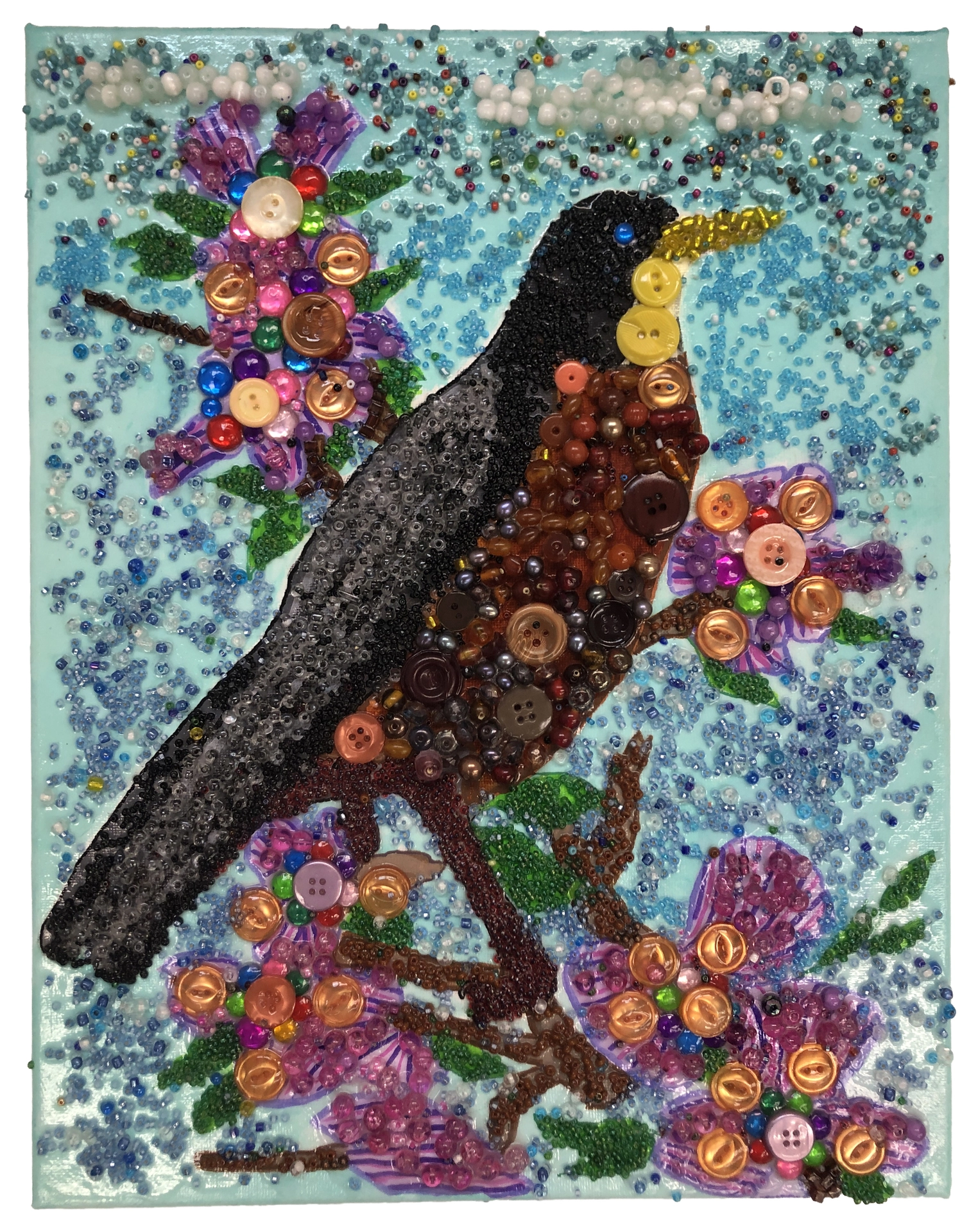 A black and brown beaded bird is perched on purple flowering branches, which are also made of beads, against a blue beaded background.