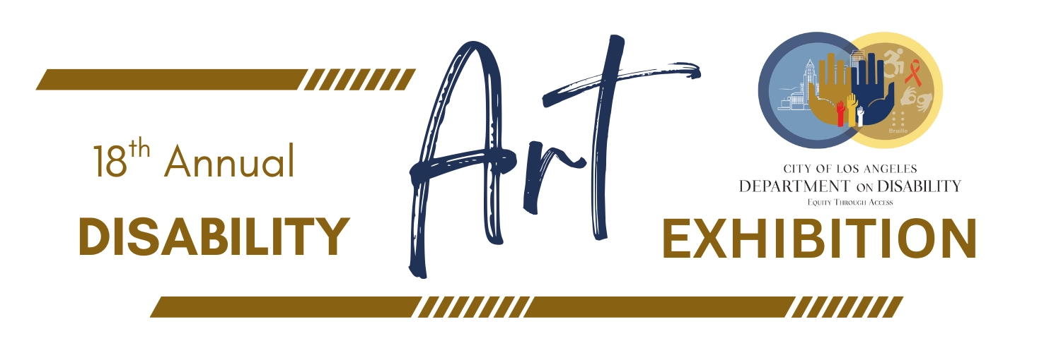 The banner reads "18th Annual Disability Art Exhibition." It is framed by a bold yellow short border that gradually transitions into smaller segments. The DOD logo appears in the top right corner.