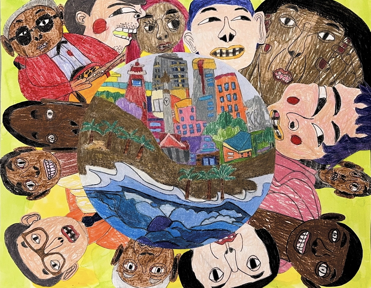 A diverse group of people, all smiling and holding hands around a circular image that represents the Earth. Inside the circle is a peaceful world with a city facing a beach.