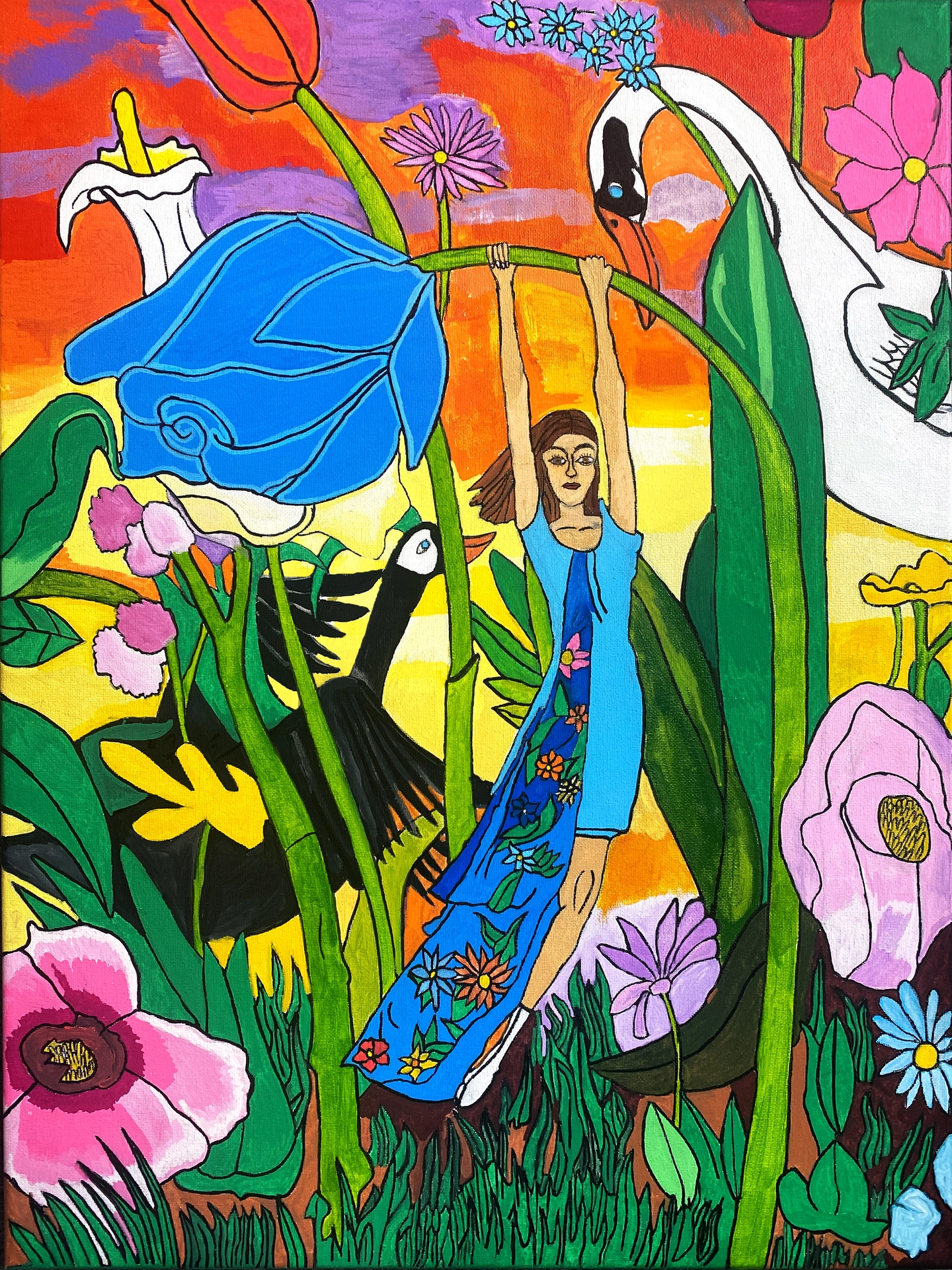 A woman in a blue dress hangs from the bent stem of a blue rose. A garden of giant flowers fills the scene, including a black and white swan and an orange-and-purple-clouded sky.