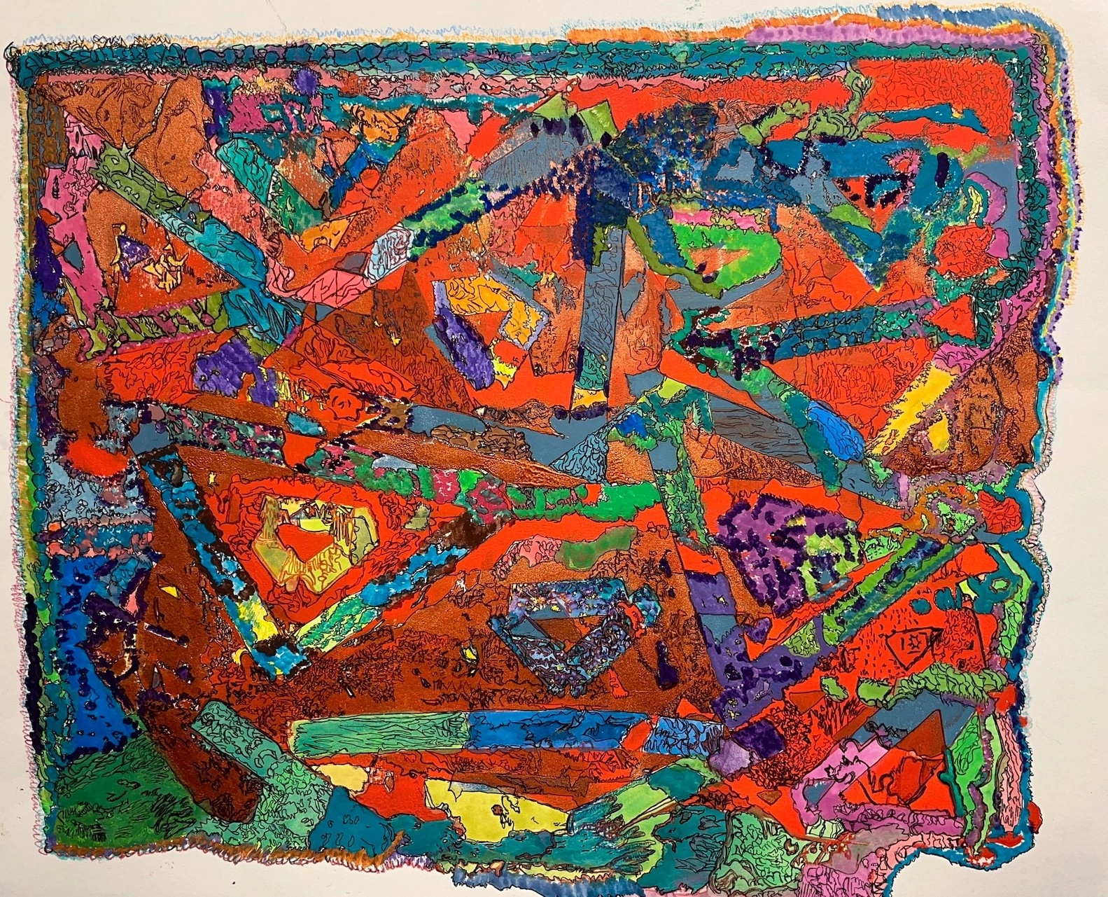 This vibrant, abstract screen print features overlapping geometric shapes and flowing patterns in a palette of warm and cool colors. It is detailed with black outlines and texture, creating a dynamic, layered look.