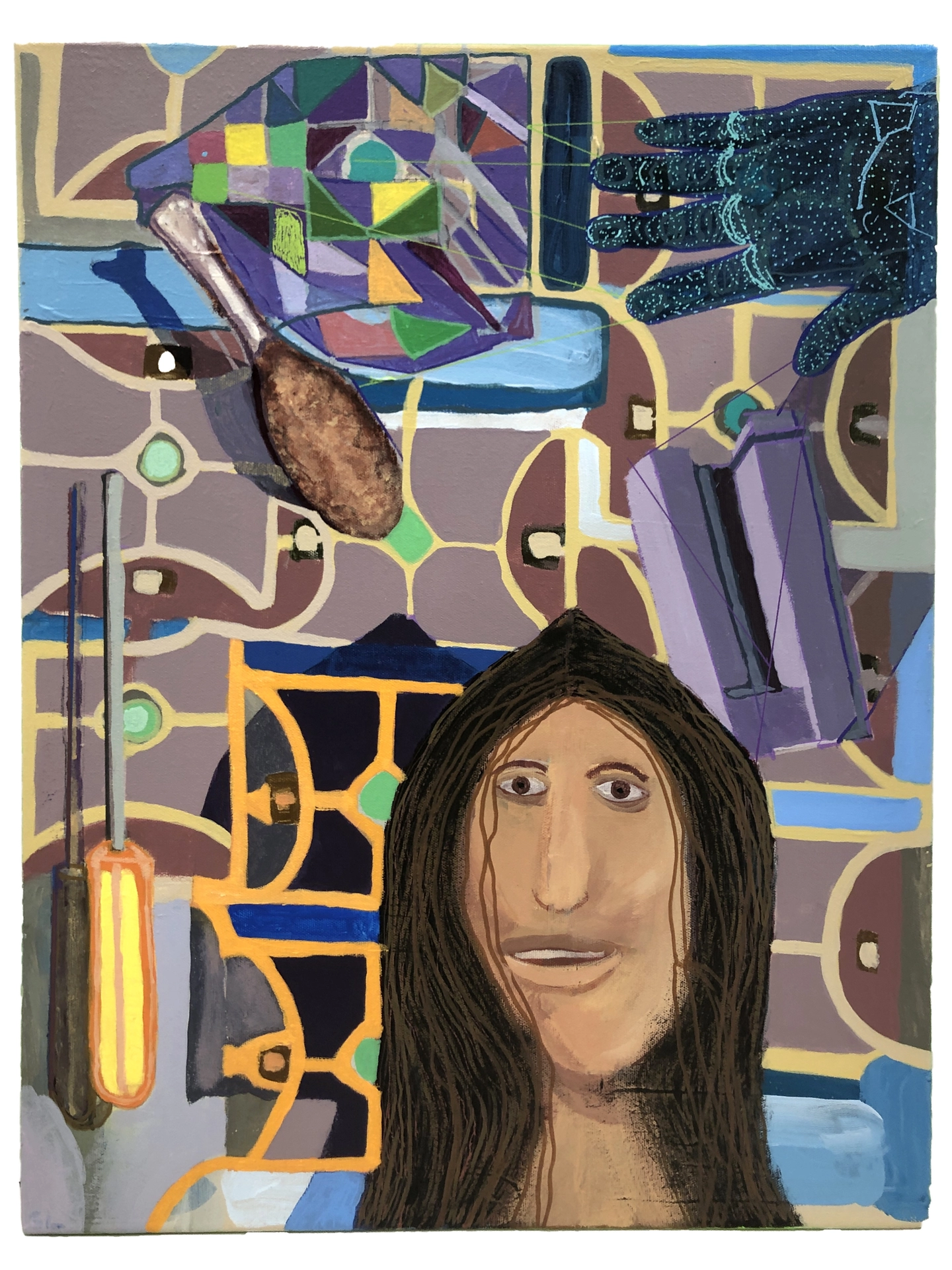 An abstract background inspired by a basketball court sets the scene for a mysterious woman, a stapler, a piece of chicken, a screwdriver, and a gloved hand.