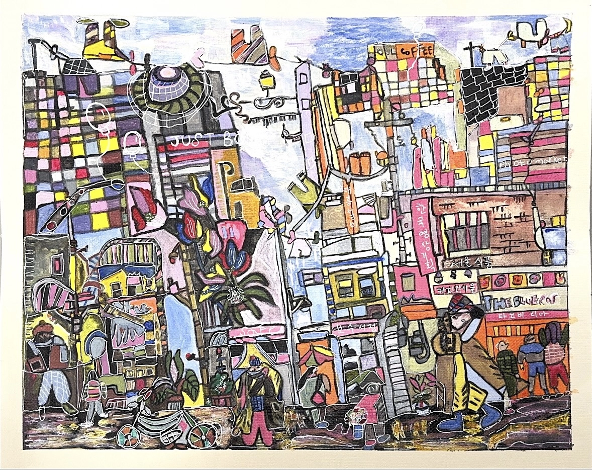 A bustling, vibrant city where towering skyscrapers and smaller buildings are packed together. Bright, colorful signs create a feeling of lively chaos that forms a dynamic and harmonious whole.