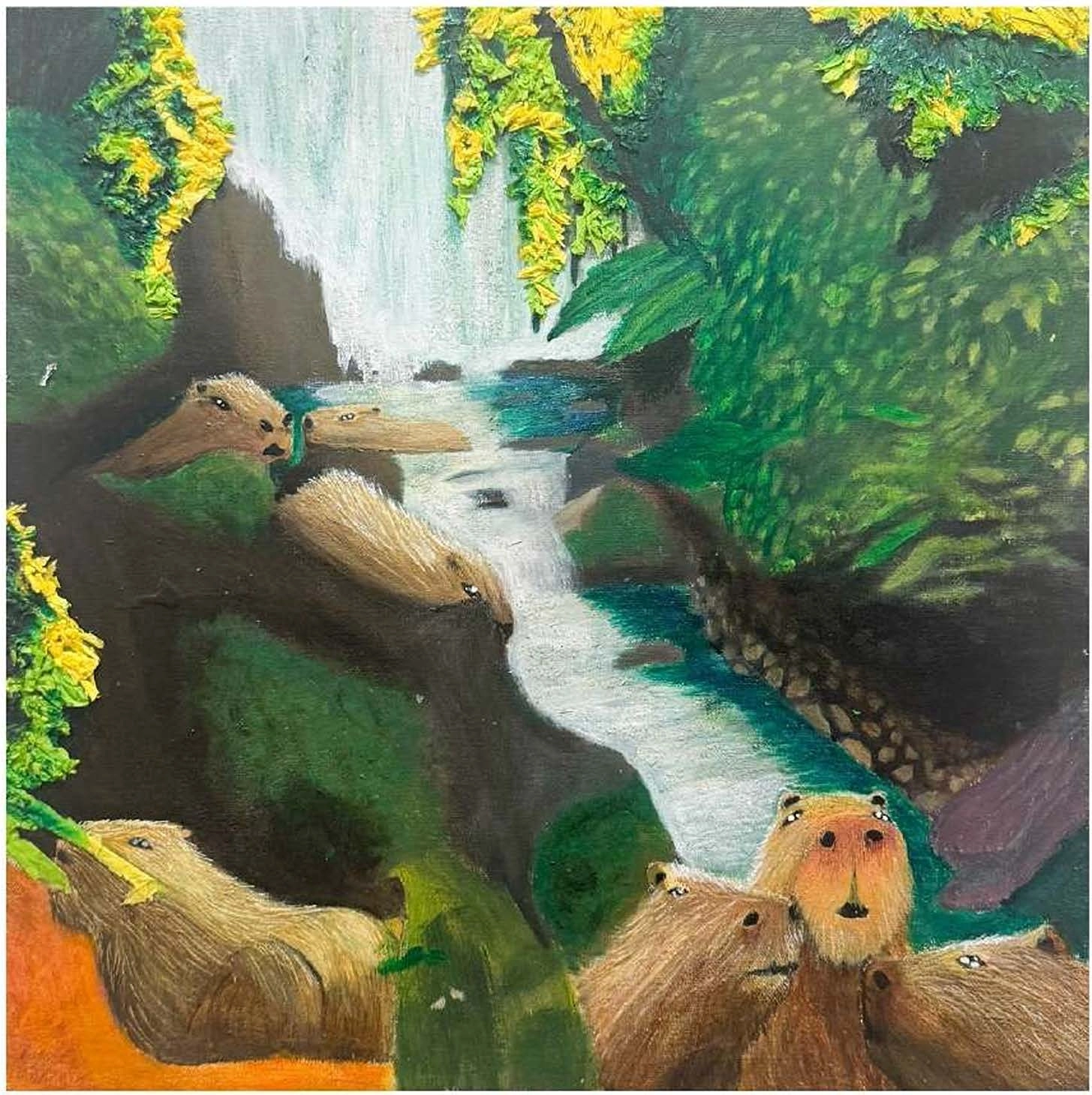 Capybaras serenely lounging by a waterfall in a lush, natural setting. Rich textures of the trees and tactile elements capture a tranquil moment in nature.