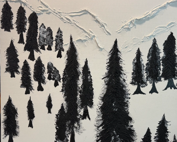 On stark white peaked mountains covered in snow all black conifers rise sharply.