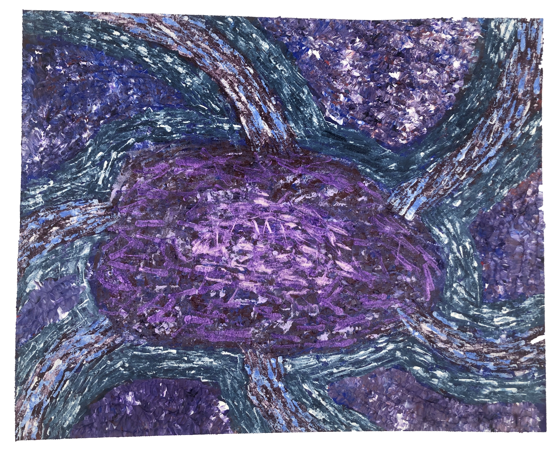 The Milky Way is depicted in a swirling purple background with branches of textured blues and greens. White flecks capture the movement of stars in the galaxy.