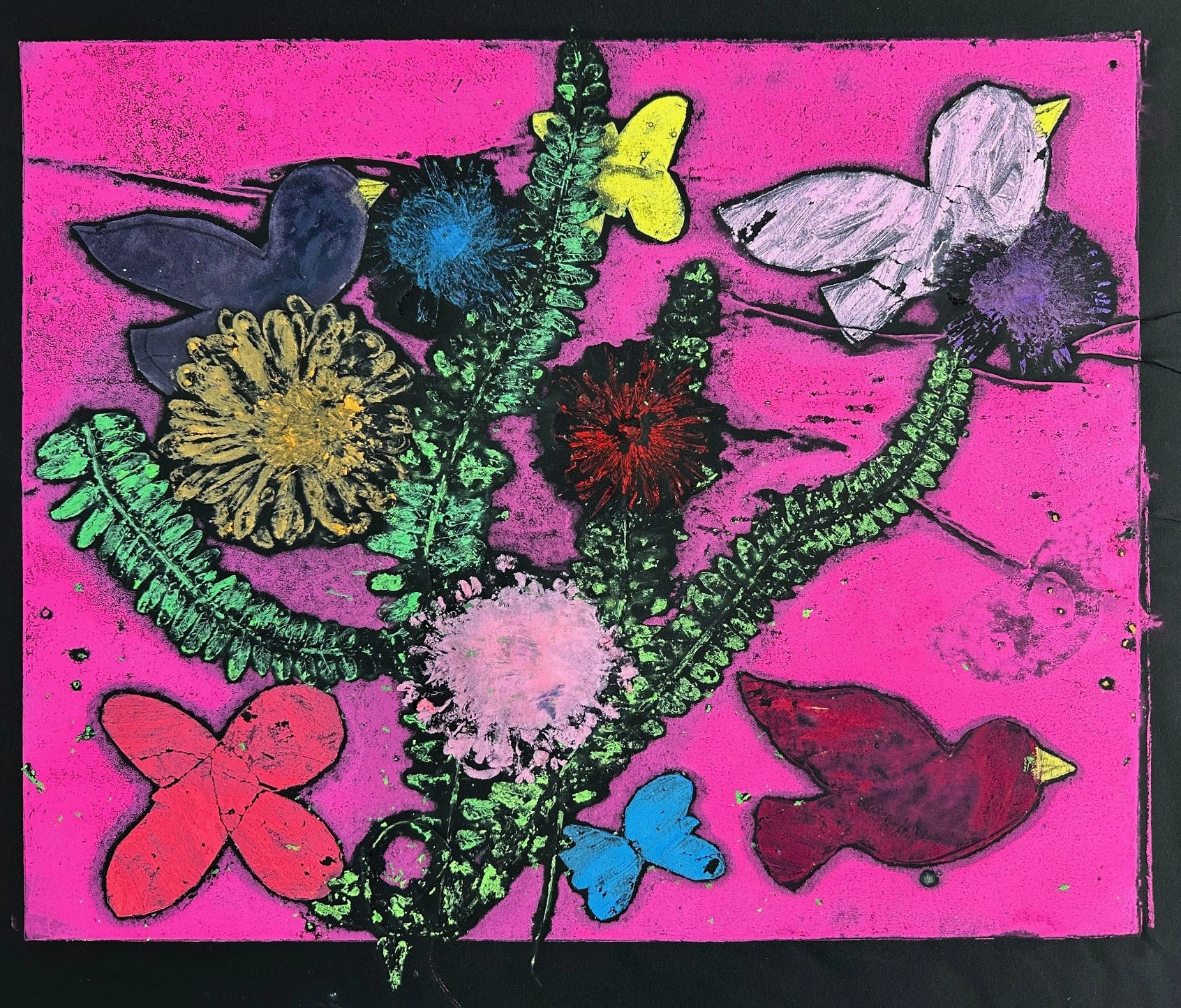 A horizontal artwork with a hot pink background full of lively and overlapping grassy green stalks of leaves, multi-colored flowers and butterflies and three flying birds -- one red, one pink and one dark purple.