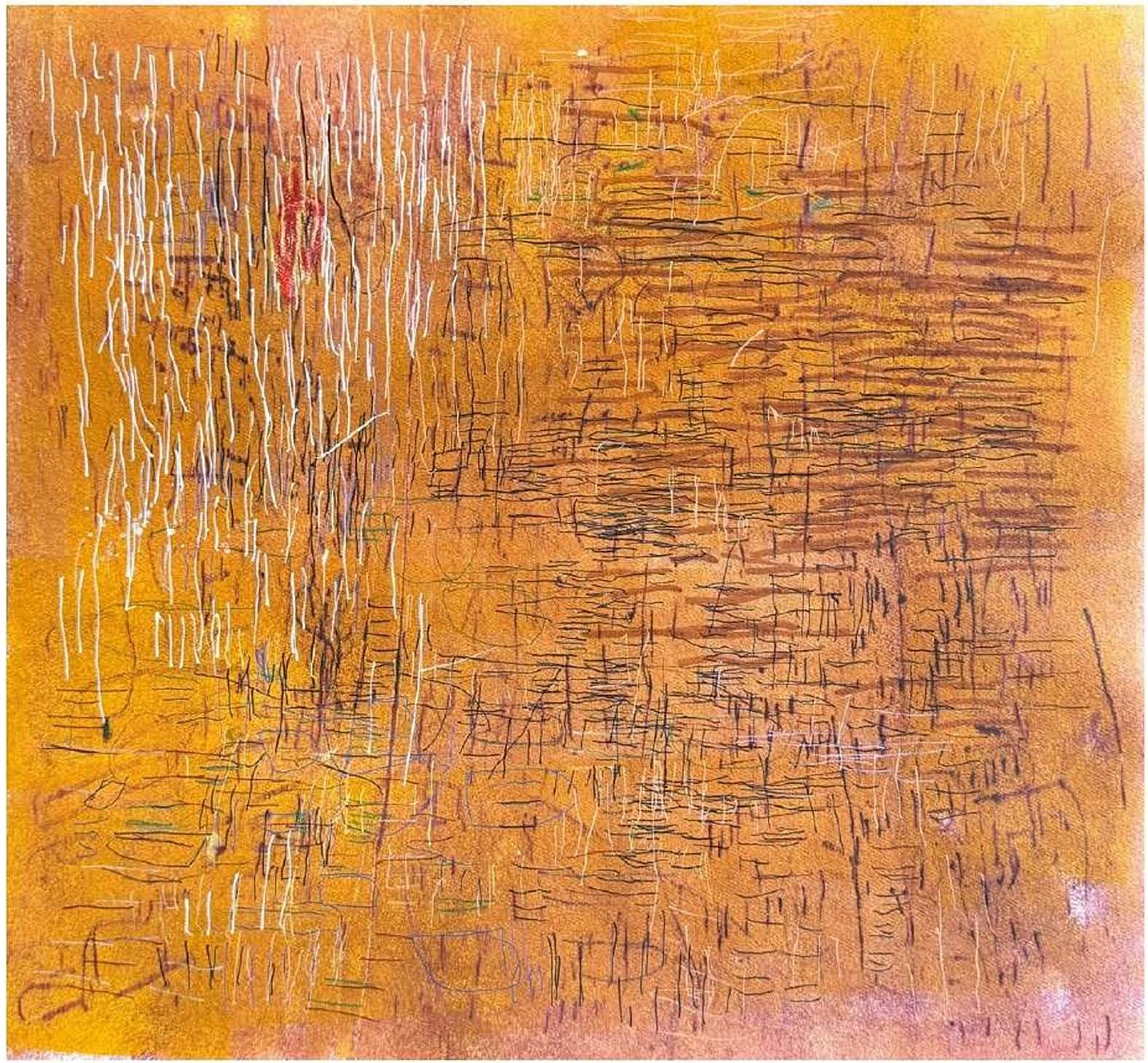 This abstract painting has a warm gradient background, fading from golden yellow to orange. Dynamic, scratch-like pen marks layered over the colors create a striking interplay of light and texture.