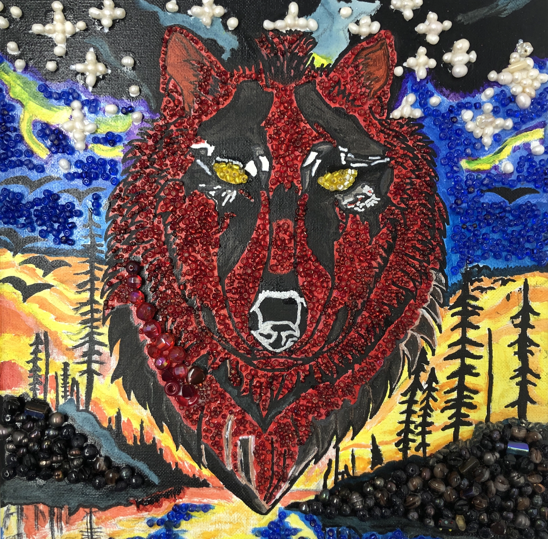 A beaded scene of a river in a forest at dusk. A sky of black and blue beads contains white beaded stars. Black beads form the rocky riverbanks, while a large, red wolf head with yellow eyes stares out at the viewer.