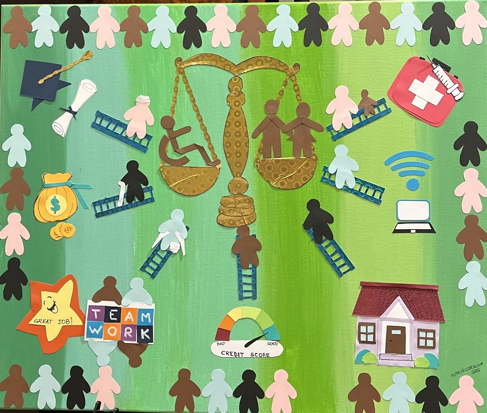 A vibrant collage with paper cutouts on a green background. At the center, a golden scale is balanced with ladders leading to icons for education, money, housing, and healthcare. Diverse human figures surround the scene, representing pathways to equity.