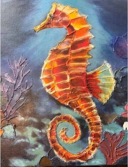 An orange-brown sea horse in profile is the central figure in a dark seascape.