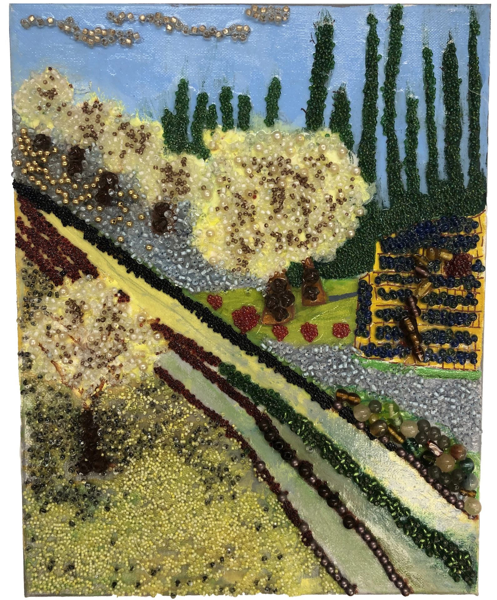 A beaded image shows a tree-lined road running through grassy fields that lead toward the horizon under an open sky.