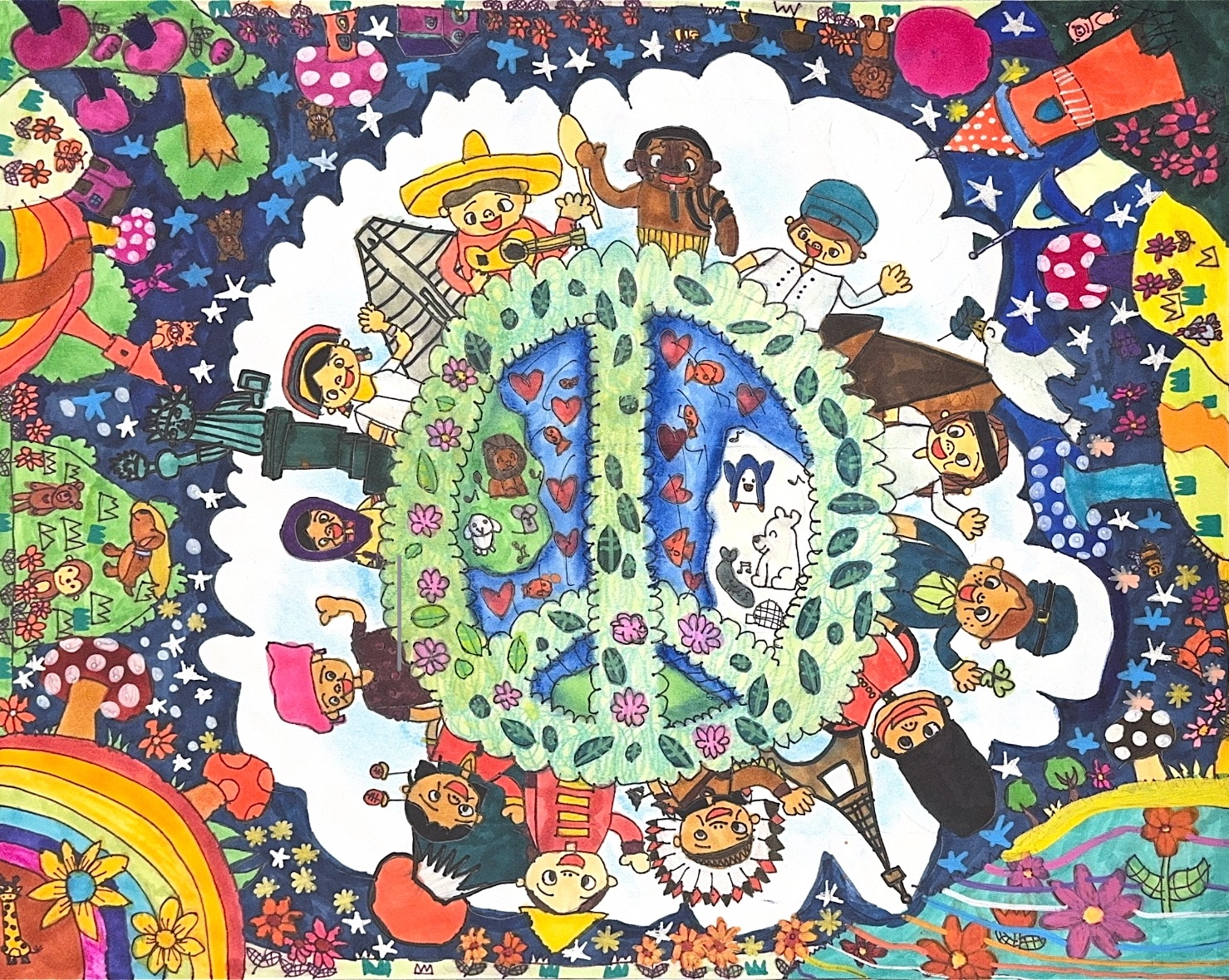 A peace symbol made of foliage and flowers encircles the planet, which is surrounded by joyful children from all cultures. A starry sky and a world filled with mushrooms, castles, and rainbows encapsulates the scene.
