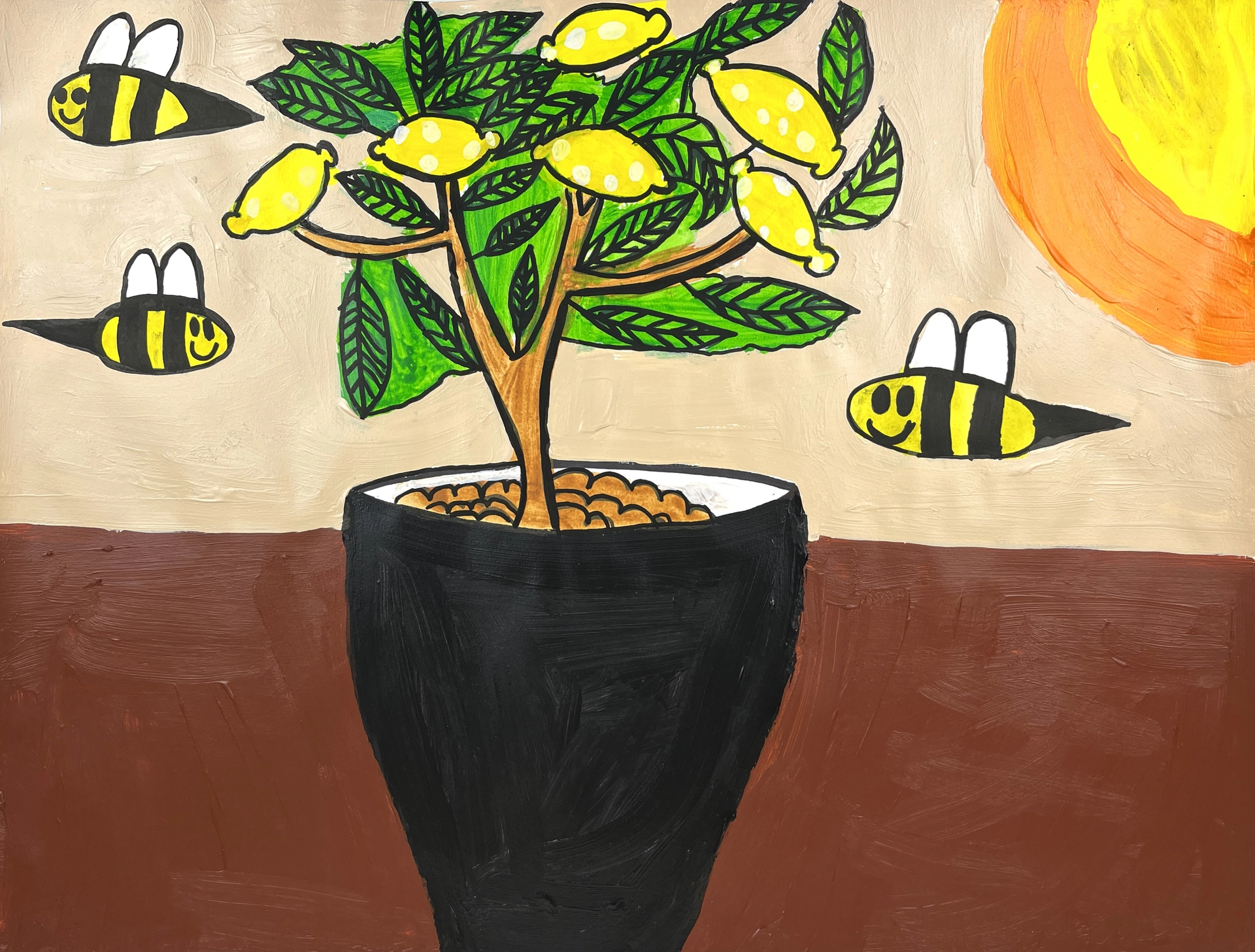 A bold, graphic painting of a lemon tree in a large pot with six lemons and three smiling bees. A large yellow-orange sun is in the corner, and all elements are outlined in thick black marker.