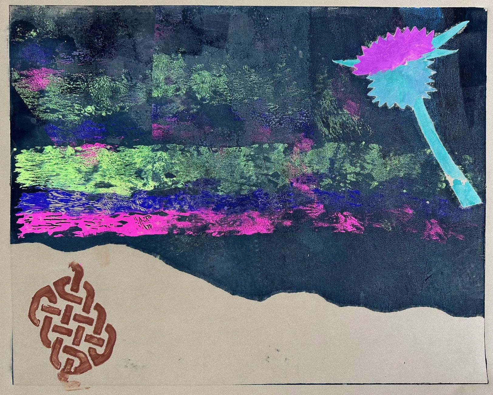 A background with bright yellow, pink and purple streaks across it. Sloping down from left to right across the bottom is a light brown area with a small, oblong, dark brown shape; it is a Celtic pattern of interlocking lines. Above and in the upper right corner of the black ground is a thistle plant, its spikey purple petals sitting above a spikey green stem.