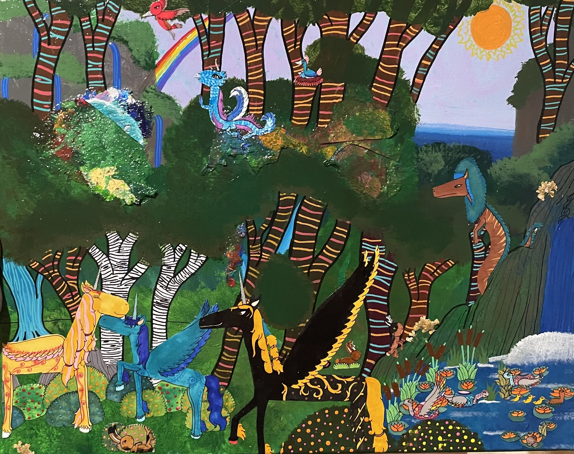 A unicorn family in an enchanted jungle made of vibrant striped tree trunks and dense foliage journey on their seasonal migration from the town of Witchburg Bay for winter.