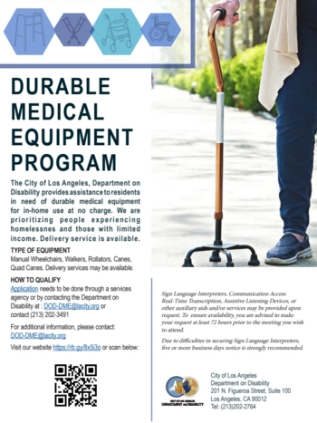 Durable Medical Equipment Program flyer that shares information about the program, which DME devices are available, a QR code that redirects users to this webpage, and the contact information for the program.